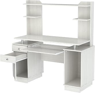 Inval America Computer Work Center with Hutch, Pull-Out Keyboard Tray, Drawers, Desk Workstation, 53.5"H x 48.62"W x 19.5"D, Washed Oak