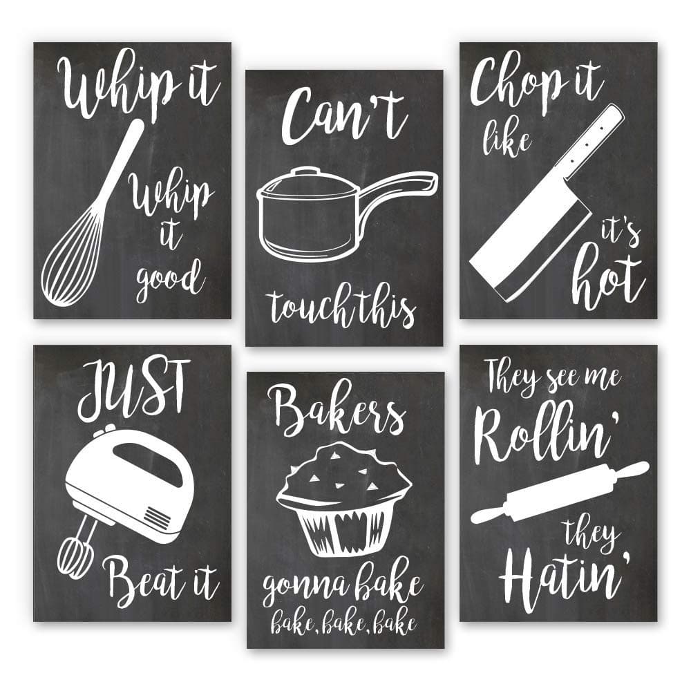 Home Decor Funny Gift 6 Kitchen Wall Art Prints Kitchenware with Sayings Unframed Farmhouse Home Office organization Signs Bar Accessories Decorations sets white house Deco Kitchen Decor (5"x7")