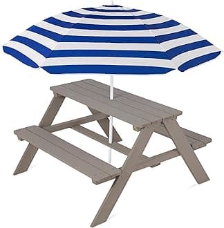 Wooden Kids Picnic Table with Umbrella, Outdoor Activity Table Set with Built-in Benches, 220 lb Capacity per Bench - Gray/Navy