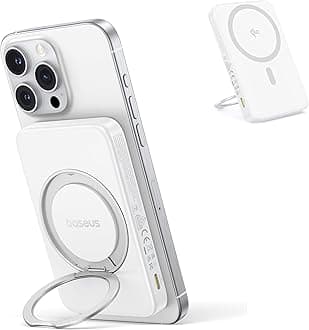 Baseus Qi2 MagSafe Power Bank, Ultra-Slim PicoGo 15W Ultra-Fast Wireless Portable Charger with 360° Rotatable Ring Stand, 5000mAh Magnetic Battery Pack for iPhone 16/15/14/13/12 Series (White)