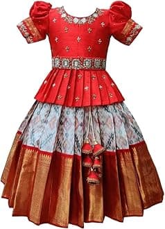 Girls Polyester Blend New South Indian Traditional Pattu Pavadai Jecquard Readymade Lehenga Choli Dress