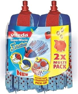 Vileda SuperMocio 3Action XL Mop Refill, Pack of 2 SuperMocio 3 Action Mop Head Replacements, Fits All SuperMocio Mops, Authentic Mop Head, Multi-Colour