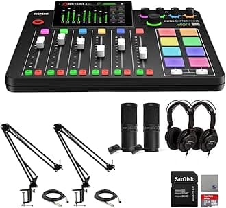 Rode RODECaster Pro II Audio Production Studio Bundle with 2x Zoom ZDM-1 Podcast Mic Packs, StreamEye Adjustable Boom Arms, 32GB microSD Card and StreamEye Polishing Cloth