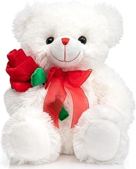 BEJOY Teddy Bear Stuffed Animal Rose Bear with Red Bow Soft Plush Toy Holiday Valentine's Day 12 Inches White