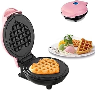 KAGOR Mini Maker Waffle Maker 5“ Non-Stick Waffler Iron Stuffler Stuffed Wafflera Adjustable Browning Control, Heart, Pink