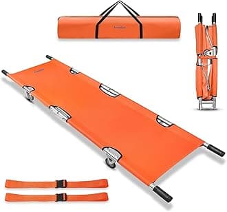 KosmoCare Foldable Stretcher with Aluminum Frame & Castors |Load Capacity 159kg |Waterproof PVC Sheet |Safety Belts & Rubber Handles |Portable Emergency Stretcher for Patient Shifting & Hospital Use