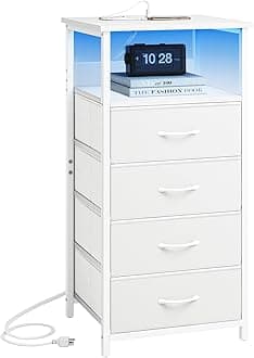 Fixwal Tall Nightstand with Charging Station, Night Stand with U-S-B Ports and Outlets, 4 Fabric Storage Drawers with PU Finish, Small Dresser Bed Side Table, White