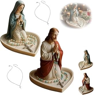 Virgin Mary Jesus Rosary Holder, Sacred Catholic Sculpture Religious Blessed Statue, Elegant Our Lady Prayer Resin Jewelry Box for Necklace Rings, Gift for Women Home Office Desktop Decor(2pcs)