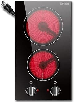 110v Electric Cooktop 2 Burners, 12'' Electric Stove Top with Plug in, Knob Control Countertop & Built-in Ceramic Cooktop, 9 Heating Level, Hot Warning, Over-Temperature Protection