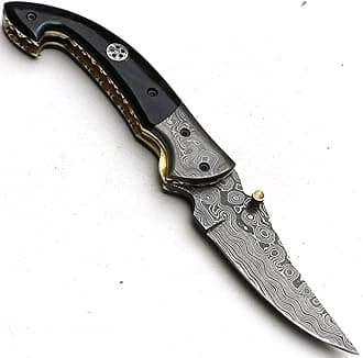 Poshland Limited Edition - FNA-32 Custom Handmade Damascus Steel Folding Knife - Beautiful Camel Bone Handle with Damascus Steel Bolsters (Black Bone)