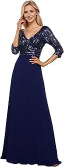 Ever-Pretty Women's Elegant Formal Dress V-Neck Long Sleeve Sequin Maxi Chiffon Evening Dresses Vestidos De Fiesta 00751