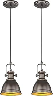 2 Pack Pendant Lights Kitchen Island, Farmhouse Hanging Lights Fixtures with Metal Shade, Rustic Kitchen Pendant Lighting Over Island for Dining Room, Oil Rubbed Bronze, AD-2151-1P2-ORB