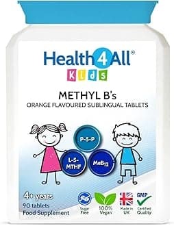 Health4All Kids Methyl B's 90 Tablets. Sublingual Vegan pre-methylated B12 Methylcobalamin, 5-Methylfolate and P-5-P for Children for Stress & Mood Support