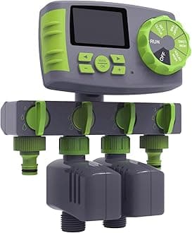 Garden Watering Computer Automatic 4-Zone Water Hose Timer with 2 Solenoid Valve Irrigation System Controller, Green&Grey