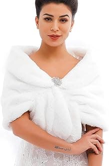 Women's Wedding Fur Wraps and Shawls Bridal Fur Stoles Scarf with Rhinestones Brooch for Bride and Bridesmaids