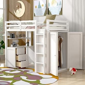 Okak Twin Size Loft Bed Multifunctional Twin Bed Frame with Desk and Drawers Loft Bunk Bed Over Desk with Ladder and Safety Guardrail,Strong Solid Wood Slats Support,White