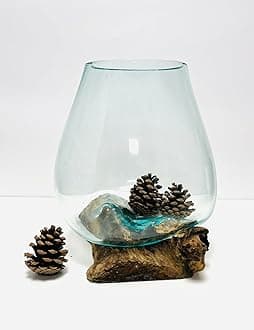 My Square Mile Molten Glass Round Decorative Bowl On Wood Root Stand Glass Rustic Ornament Sculpture Key Sweet Display Dish (XXL)