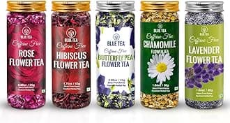 Flower Tea Combo - 5.64 Oz (Pack of 5) | Butterfly Pea, Rose, Hibiscus, Chamomile, Lavender | VARIETY PACK | Caffeine Free - Non-Bitter - Herbal Tea - Flower Based | Pet Jar Pack