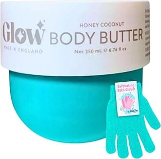 Glow Nourishing Body Butter 250ml & Exfoliating Bath Gloves Set | Firming Moisturiser for Supple & Smooth Skin | Scented Body Cream, Dry Skin, Shower Mitts, UK Made (Honey Coconut)