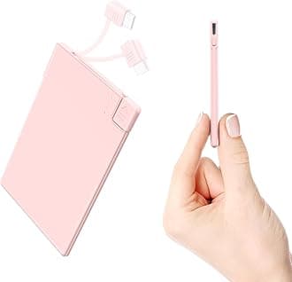 Auskang Slim Power Bank with Built-in Cable 2500mAh, [USB C version] The Most Lightweight Battery Bank and Thinnest Portable Phone Charger - Credit Card Size (Pink)