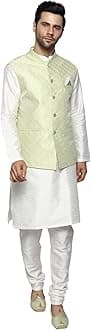 Uri and MacKenzieMen's Silk Blend Regular Kurta Churidar Pyjama with Bundi Nehru Jacket/Waistcoat