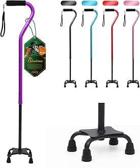 BeneCane Quad Cane Adjustable Walking Cane with Offset Soft Cushioned Handle for Men & Women Lightweight Comfortable with 4-Pronged feet for Extra Stability