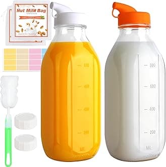 32 Oz Glass Milk Bottles, 2 Pack Scale Mark Drinking Jug with 2 Nut Milk Bags& Airtight Screw Lid & Silicone Pour Cap& Stickers, 1 Quart Reusable Juice Bottle Water Pitcher for Coffee Yogurt