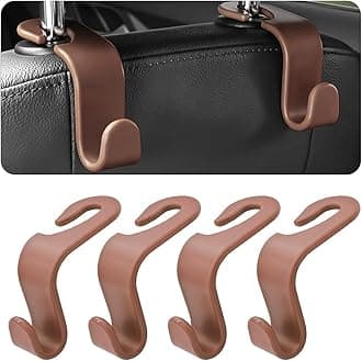 Hanemia 4PCS Car Back Seat Headrest Hooks, Rear Car Seat Storage Headrest Hanger Holder Hooks Organizer, Universal Auto Interior Accessories for Bag Purse Handbag Cloth Coats Grocery (Brown)