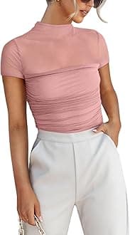 Women's Sexy Mock Turtle Neck Short Sleeve Shirts Sheer Mesh Ruched Trendy Going Out Bodysuits Tops