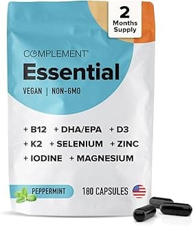 Complement Essential Vegan Multivitamin for Men & Women (60 Servings, 180 Capsules) with Omega-3 DHA & EPA, B12, Vitamin D3 & K2, Zinc, Selenium, Magnesium, Iodine - Supports Immunity & Overall Health