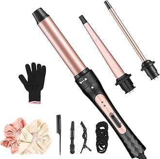 Curling Iron Wand Set, Curling Wand 3 in 1 Hair Curling Wands Interchangeable Ceramic 0.35-1.25inch Barrel Hair Curler, with Heat Resistant Glove