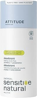 ATTITUDE Natural Baking Soda Free Deodorant for Sensitive Skin, Plastic-Free Cardboard Tube, with Soothing Oatmeal, Unscented, 3 Oz