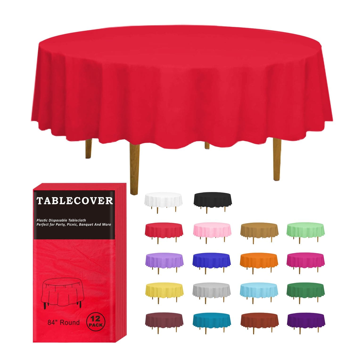 D&Z 12 Pack Red Plastic Tablecloth Table Cloth 84" Round Disposable Table Cover for Party Birthday Wedding Christmas