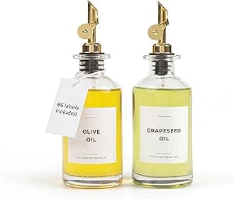 Spaceneat Oil Dispenser for Kitchen - Glass Olive Oil Bottle Set of 2 (11.8oz) with Gold Weighted Self-Closing Pourer - Cooking Oil Dispenser with 66 Labels, Aligner & Funnel