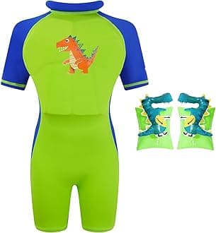 Floatation Swimsuit for Boys Girls with Adjustable Buoyancy, Kids One Piece Swimwear Float Suit for Swimming Trainer, Toddler Bathing Suit Rash Guard Back Zipper with Arm Floaties