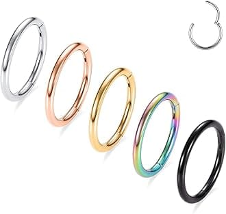 AROWRO Nose Rings Hoops 5 Pcs Septum Rings 20G 18G 16G 14G 12G Conch Piercing Jewelry 316L Surgical Steel Hinged Segment Nose Hoops Helix Daith Rook Tragus Cartilage Piercing Jewelry