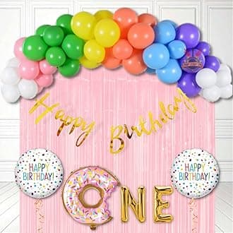 Party town Donut and candy theme decoration combo for boys and girls theme birthday party with Metallic balloons Donuts foil balloons arc Glue dots - (Pack of 76) (Donuts)