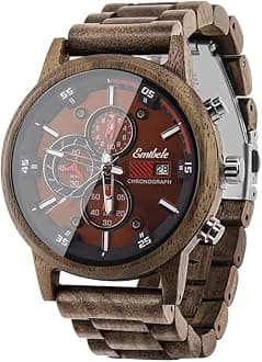Wooden Watch for Men, Date Display Chronograph Quartz Wrist Watch, 3 Sub-dials Handmade Light Weight Luminous Watch, Walnut