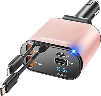 【Upgraded】 SUPERONE Retractable Car Charger 4 in 1, Fast Car Phone Charger with Cord 2.6ft, USB C Car Charger Adapter, Compatible with iPhone 17/16/15/15 Pro Max/14/13/12/11, Galaxy, Pixel