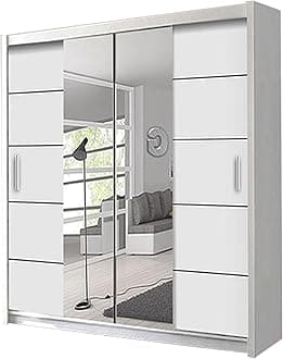 Oslo 180cm White Sliding Wardrobe with LED Lighting, Mirrored Doors, Adjustable Shelving, Contemporary Design (White, 180)