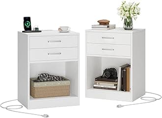 ADORNEVE Nightstands Set of 2,White Night Stand with Charging Station & Drawers,Night Stands for Bedrooms 2