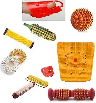 ACS Wooden Foot Roller for Acupressure, Magnetic Pyramid Power Stress Mat Combo Kit Manual Massager (MultiColour)