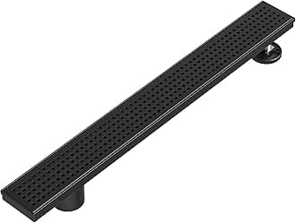 Neodrain 24-Inch Offset Side Outlet Linear Shower Drain with Quadrato Pattern Grate Cover, 304 Stainless Steel Rectangle Shower Floor Drain, with Leveling Foot, Hair Strainer Catcher, Matte Black
