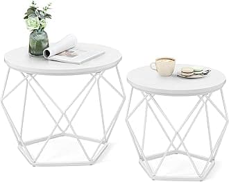 VASAGLE Round Coffee Table, Set of 2, Side Table, Sofa End Table, Modern Style, Removable Top, Steel Frame, for Living Room, Snow White and Cloud White LET040W46