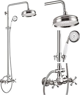 - gotonovo Luxury Exposed Shower Faucet Set Bathroom Shower System 8 Inch Wall Mount Rainfall Shower Head with Handheld Spray Cross Double Handle Shower Fixture Adjustable Straight Rod Brushed Nickel
