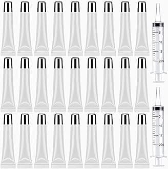 - 50PCS Lip Gloss Containers 15ml Silver Cap Refillable Cosmetic Squeeze Tubes + 2 x 20ml Syringes Tag Labels Stickers for DIY Lip Gloss Base Glitter