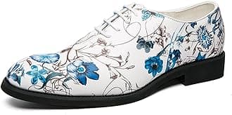 ComodishFormal Dress Shoes for Men Lace Up Round Toe Blue Flower Vegan Leather Block Heel Rubber Sole Non Slip Low Top Prom Formal Oxford