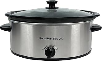 – Hamilton Beach 6.5L Family Favourite Slow Cooker, 240W Energy-Efficient Design, Removable Oven-Safe Ceramic Bowl, 3 Heat Settings, Serves 6-8 People, Easy Clean, Silver - HBSC070S
