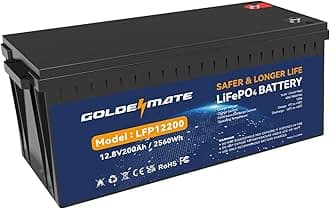 GOLDENMATE 12V 200Ah LiFePO4 Lithium Battery, Rechargeable Battery Up to 15000 Cycles, Built-in BMS, Max 2560Wh, Perfect for RV, Camping, Solar, Marine, Trolling Motor, Golf Cart, Off-Grid