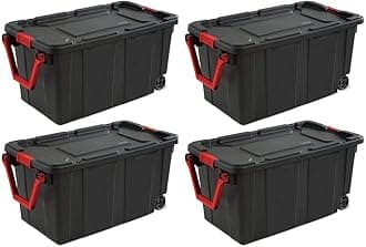 14699002 40 Gallon/151 Liter Wheeled Industrial Tote, Black Lid & Base w/Racer Red Handle & Latches, 4-Pack